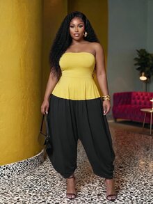 Slaydiva جمبسوت طويل للنساء بمقاس كبير، بتصميم أنيق بألوان متباينة، بدون حمالات، ضيق من الأعلى وفضفاض من الأسفل بأسلوب حريم، من قماش محبوك، جديد للربيع/الخريف - A - متعدد الألوان - مشاهدة 6