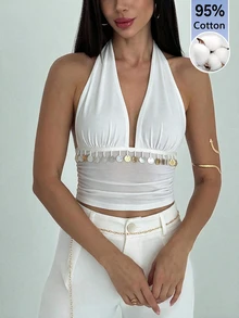 Aloruh 女款秋冬深V領修身掛脖吊飾背心 - 白色 - 查看 3