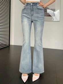 DAZY Women's Casual Daily Flare Jeans With Pocket, Button And Rhinestone Embellishments - Blue - View 2