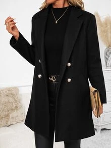 SHEIN Clasi Women's Fashion Button Pocket Long Sleeve Overcoat - Black - View 5