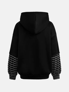 SHEIN 青少年女孩萬聖節圖案印花寬鬆長袖連帽衛衣，秋季上衣，黑色上衣，街頭休閒龐克哥德風，前衛層次感套頭衫，舒適保暖 - 黑色 - 查看 2