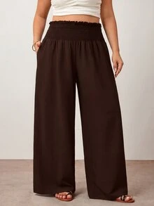 Enliva Plus Size Women's Solid Color Ruffle Elastic Waist Wide Leg Loose Casual Pants, Suitable For Daily Casual And Commuting Wear - Brown - View 5