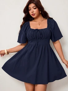 Enliva Plus Size Women's Spring/Summer New Casual Daily Outfit, Suitable For Party, Date, Birthday, Music Festival, Back To School, Commute, Vacation And Other Occasions, Ruffle Short Sleeve Dress, Cold Shoulder Design, Soft Cotton Blend Fabric, Loose Fit, Short Length, Black, Plus Size Available - Navy Blue - View 8