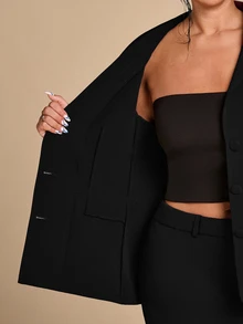 SHEIN BAE CURVE 大尺碼女款純色翻領西裝外套與長褲休閒套裝 - 黑色 - 查看 7