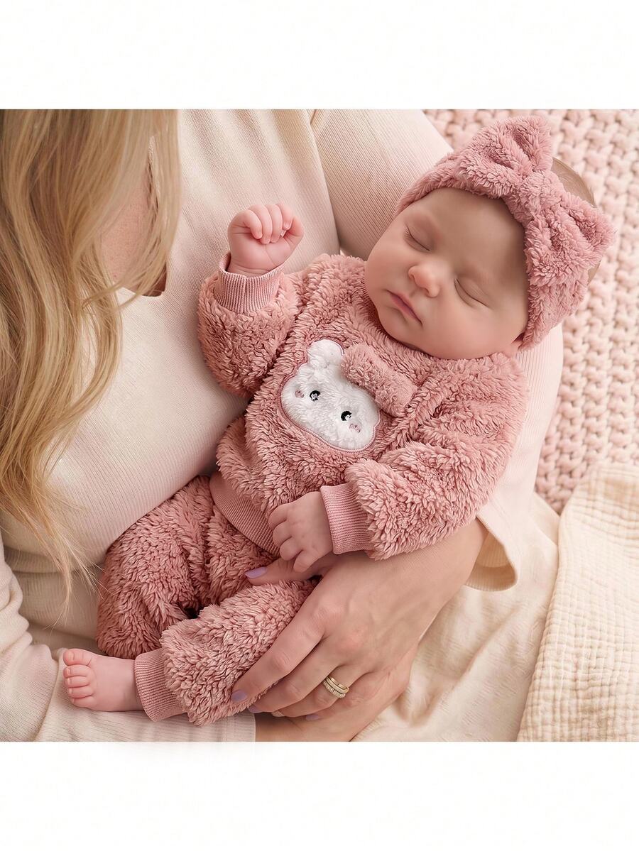 Newborn Baby Girl Cute Casual Pink Autumn/Winter Cartoon Pattern Sweatshirt & Elastic Waist Long Pants Set - Pink - View 1