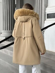 Pariaura Jaket Parka Kerah Bulu Baru untuk Wanita, Mantel Berbantalan Pinggang yang Modis dan Serbaguna - Khaki - View 2
