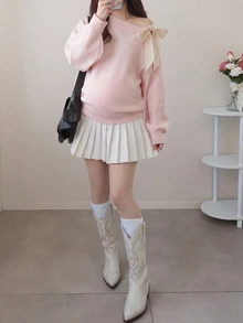 Dazy Maternity Contrast Color Tie Bow Asymmetric Shoulder Asymmetric Neck Long Sleeve Casual Vacation Korean Style Autumn/Winter Knit Sweater Maternity - Pink - View 7