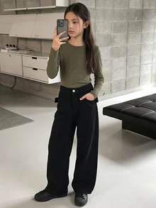 Dazy Kids Tween Girl) Loose Design Casual Autumn/Winter Black Basic Straight Leg Jeans - Black - View 5