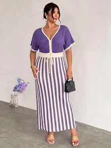 Firerie Plus Size Vintage Vacation Drawstring Tie Contrast Color Knit Dress - Purple - View 4