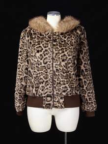 Sunspun Plus Size Women's Plush Patchwork Leopard Print Versatile Long Sleeve Jacket Winter - Brown - View 6