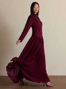 COSMINA Women's Elegant Party Solid Color Blouse Pleated Skirt Blazer Suit Set - Burgundy - View 3