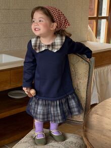 DAZY Baby Girl Plaid Mesh Colorblock Casual Summer Dress - Navy Blue - View 4