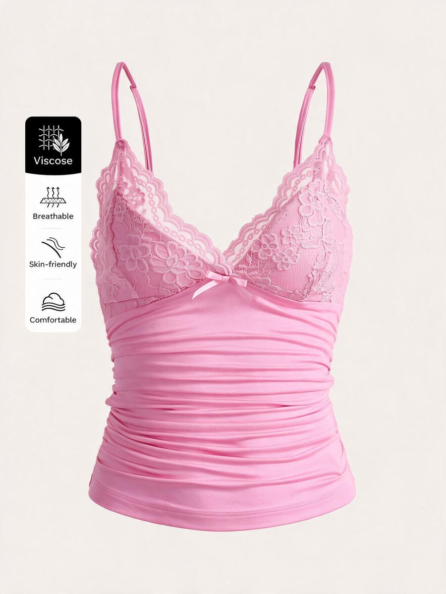 SHEIN ICON 對比色蕾絲抓皺 Y2K 細肩帶背心上衣 - 粉色 - 查看 1