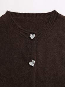 Sweetra Brown Casual Fashion Commute Minimalist Cute Heart Button Round Neck Knit Cardigan For Women - Coffee Brown - View 5