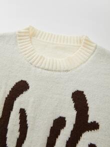 SHEIN Sweater Rajut Leher Bulat Motif Rusa Lucu, Atasan Rajut Kasual Lengan Panjang Warna Krem untuk Liburan - Aprikot - View 7