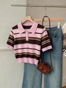 SHEIN EZwear 女款針織素色超火小眾學院風品牌，爆紅熊系列，超可愛 Polo 領短袖，適合春夏穿著 - 彩色 - 查看 4