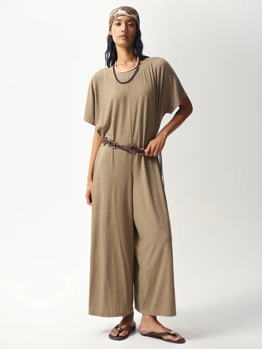 Bohemela Women's Solid Color Casual Daily Wear Jumpsuit - Khaki - View 1