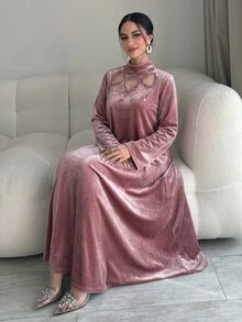 Yasmyna Women's Rhinestone Decorated Cutout Design Elegant Arabian Dress - Dusty Purple - View 1