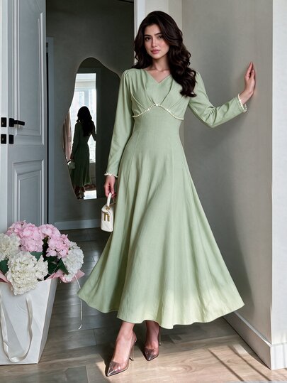 Modelyn ชุดเดรสผู้หญิงสีเขียวถักทอแขนยาวทรงเอไลน์ชายกระโปรงฟองสบู่หรูหราโรแมนติก