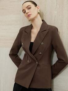 Aveloria Modichic Double Breasted Decor Pocket Blazer Workwear  - Coffee Brown - View 6