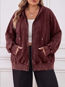 SHEIN CURVE+ 大尺碼開襟拉鍊式水洗布料長袖運動衫，黑色休閒套頭衫，2026 22W - 酒紅色 - 查看 3
