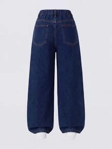 SHEIN Tween女孩牛仔褲 202 秋冬新款 女孩寬腿牛仔褲 Y2K學院風 街頭休閒可愛復古 刺繡破洞 粉色愛心圖案刺繡 適合四季穿著 時尚百搭 適用日常穿著、學校、通勤、派對及開學季 - 藍色 - 查看 2