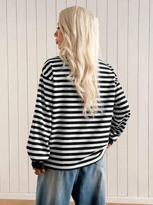 SHEIN EZwear 女款黑白條紋休閒舒適針織長袖衛衣，秋冬款 - 黑與白 - 查看 2