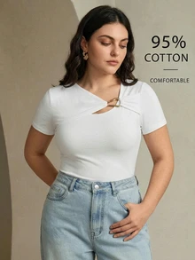 Anewsta Plus Size Women's Solid Color Metal Decor Casual Daily T-Shirt - White - View 5