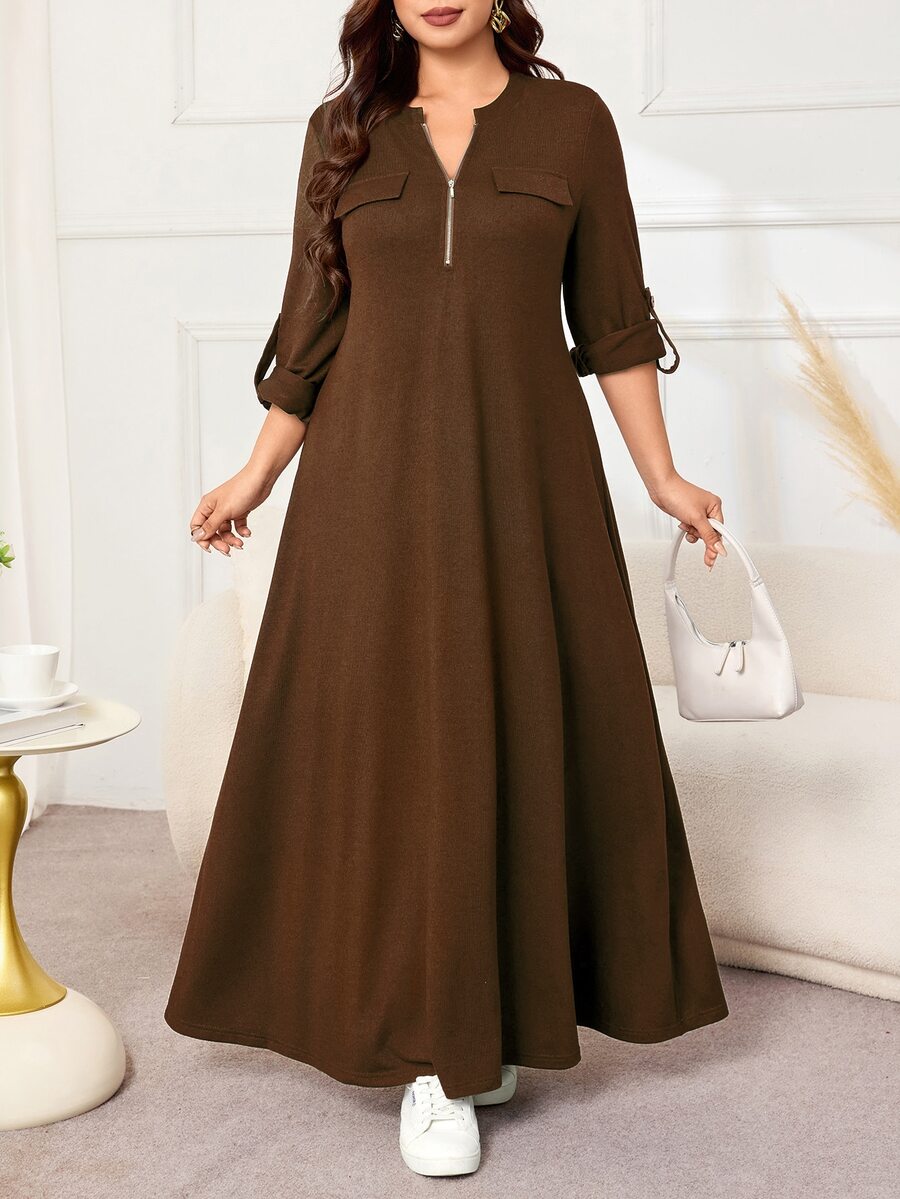 Lacomfia 女款前拉鍊長袖寬鬆舒適休閒居家服 純色春夏秋冬大尺碼洋裝 - 咖啡棕 - 查看 1