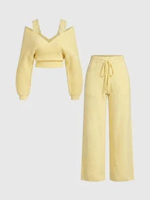 ROMWE Kawaii Shoulder Strap V-Neck Lace Strap Loose Wide Leg Pants Comfortable Home Wear Women's Sweater 2 Pieces Set - Light Yellow - View 1