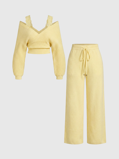 ROMWE Kawaii Shoulder Strap V-Neck Lace Strap Loose Wide Leg Pants Comfortable Home Wear Women's Sweater 2 Pieces Set