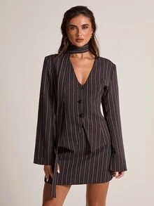 SHEIN BAE Women's Striped Single-Breasted Long Sleeve Jacket And Skirt Suit Set - Brown - View 6