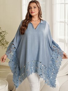 EMERY ROSE Plus Size Women Autumn/Winter Casual Vacation Elegant Loose Blue Lace Patchwork Blouse Top Shirt,Fall Going Out,Formal,Business, Office - Blue - View 6