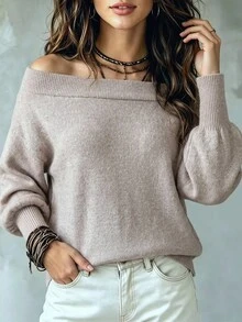 SHEIN LUNE Women's Solid Color Off-Shoulder Casual Everyday Long Sleeve T-Shirt - Apricot - View 4