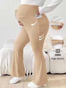 Plussiva 大尺碼孕婦純色可調腰帶口袋休閒喇叭褲 - 卡其色 - 查看 1