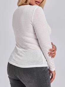 ROMWE Plus Size Y2K Street Style Casual Classic Distressed Slogan Script Print Semi-Sheer Textured Slim Fit Henley Collar Long Sleeve Modal T-Shirt - White - View 3