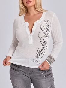 ROMWE Plus Size Y2K Street Style Casual Classic Distressed Slogan Script Print Semi-Sheer Textured Slim Fit Henley Collar Long Sleeve Modal T-Shirt - White - View 5