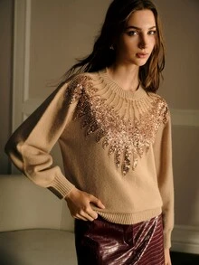 MOTF PREMIUM WOMEN'S PATCHWORK SEQUIN & BEADED DECOR DROP SHOULDER LOOSE LANTERN SLEEVE SWEATER - Khaki - View 5
