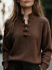 Omancia Elegant Ruyi Button Long Sleeve Women's Sweater - Brown - View 4