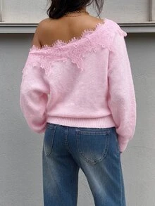 Siren Gaze Autumn New Asymmetrical Shoulder Lace Patchwork Sweater For Women Tea Party Date Light Pink Romantic Elegant - Baby Pink - View 2