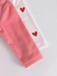 2pcs Newborn Soft Cozy Silver Fox Fleece Heart Print Pink Heart Embroidered Long Sleeve Button-Up Footed Rompers - Multicolor - View 7