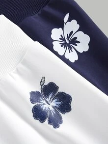 SHEIN 青少年女孩秋冬白色+藍色高腰寬腿直筒花卉印花休閒街頭風百搭衛衣與長褲2件套 - 彩色 - 查看 6