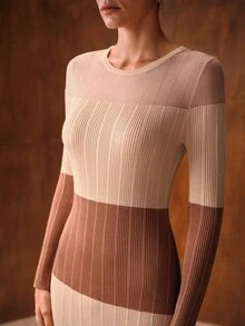 MOTF PREMIUM WOMEN'S GENTLE STYLE STRIPED COLORBLOCK LONG SLEEVE SWEATER DRESS - Apricot - View 2
