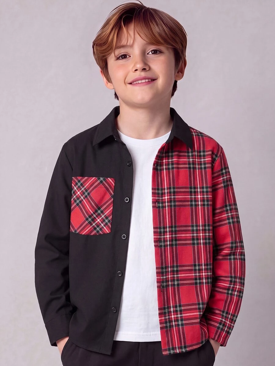 SHEIN Kids Tween Boy Casual Daily Comfortable Patchwork Plaid Lapel Loose Long Sleeve Woven Button-Down Shirt Suitable For Christmas And Christmas Party