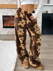兒童 SLAYR 青少年女孩休閒卡通熊圖案抽繩腰圍泰迪絨長褲，金色 - 鏽棕色 - 查看 3