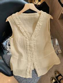 SHEIN Franclia 女款收腰荷葉邊下擺V領荷葉邊飾無袖優雅法式休閒米白色女式襯衫，適合早午餐、夏季度假 - 卡其色 - 查看 2