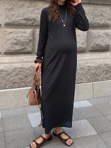 Dazy Maternity Polka Dot Loose Long Sleeve Maxi Casual Vacation Daily Spring Autumn Maternity Dress - Black - View 3
