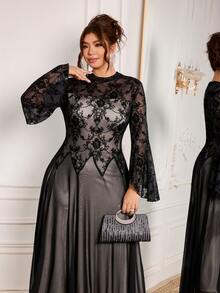 Modelyn Elegant Flocked Mesh Print Patchwork Solid Color Mock Neck Long Sleeve Cinched Waist A-Line Regular Fit Plus Size Dress For Spring And Autumn - Black - View 1