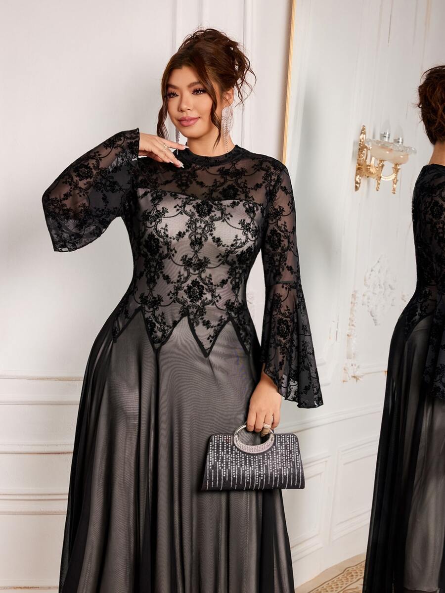 Modelyn Elegant Flocked Mesh Print Patchwork Solid Color Mock Neck Long Sleeve Cinched Waist A-Line Regular Fit Plus Size Dress For Spring And Autumn - Black - View 1