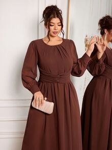 Modelyn Women's Elegant Gentle Style Round Neck High Waist Cross Knot Cinched Waist Draped Flowy Soft Plus Size Dress - Coffee Brown - View 6